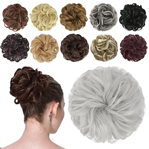 FESHFEN Messy Bun Hair Piece Hair Bun Scrunchies Synthetic Light Silver Grey Wavy Chignon Ponytail Hair Piece Thick Updo Hairpieces for Women Girls 1PCS - MoreHair City Beauty Products